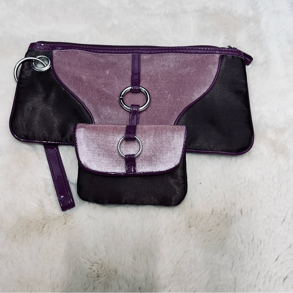 Purple and Brown Clutch and Wristlet Set velveting pinkish fabric Dk brown